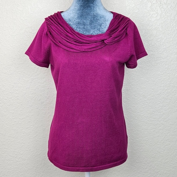 Premise Sweaters - Premise Dark Pink Short Sleeve Side-Twist Drape Collar Sweater Women's Petite M